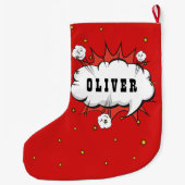 スーパーヒーロー漫画スピーチクラウドボーイネーム ラージクリスマスストッキング (裏面)