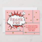 スーパーヒーロー漫画スピーチバブルピンクガール誕生日 サンキューカード (正面)