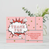 スーパーヒーロー漫画スピーチバブルピンクガール誕生日 サンキューカード (スタンド正面)