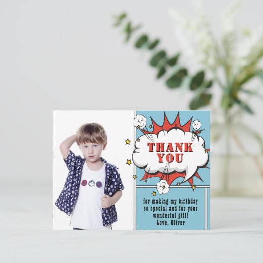 スーパーヒーロー漫画スピーチバブルフォト誕生日感謝してい ポストカード (スタンド正面)