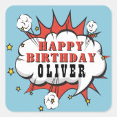 スーパーヒーロー漫画スピーチバブルボーイハッピーバースデー スクエアシール (正面)