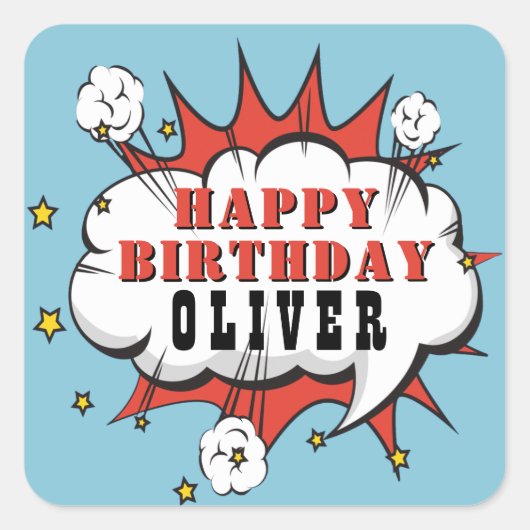 スーパーヒーロー漫画スピーチバブルボーイハッピーバースデー スクエアシール (正面)