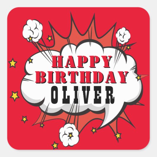 スーパーヒーロー漫画スピーチバブルボーイハッピーバースデー スクエアシール (正面)