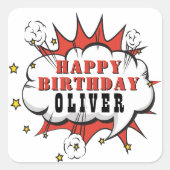 スーパーヒーロー漫画スピーチバブルボーイハッピーバースデー スクエアシール (正面)