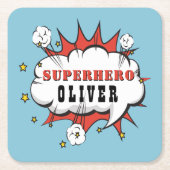 スーパーヒーロー漫画スピーチバブルボーイバースデーパーティー スクエアペーパーコースター (正面)