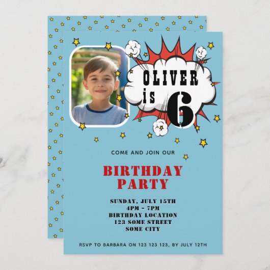 スーパーヒーロー漫画スピーチバブルボーイバースデーパーティー 招待状 (正面/裏面)