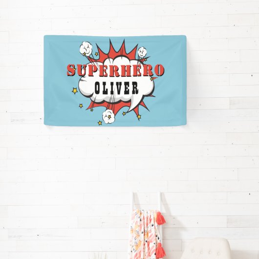 スーパーヒーロー漫画スピーチバブルボーイバースデーパーティー 横断幕 (インサイチュ)