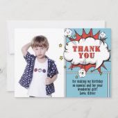 スーパーヒーロー漫画スピーチバブルボーイフォト誕生日 サンキューカード (正面)