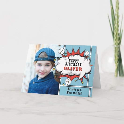 スーパーヒーロー漫画スピーチバブルボーイフォト誕生日C カード (正面)