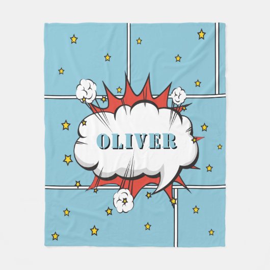 スーパーヒーロー漫画スピーチバブルボーイフォト フリースブランケット (正面)