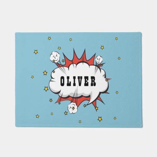 スーパーヒーロー漫画スピーチバブルボーイ名 ドアマット (正面)
