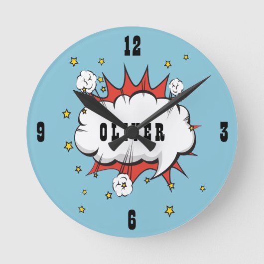 スーパーヒーロー漫画スピーチバブルボーイ名 ラウンド壁時計 (正面)