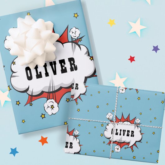 スーパーヒーロー漫画スピーチバブルボーイ名 ラッピングペーパーシート