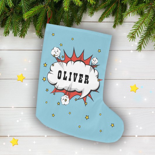 スーパーヒーロー漫画スピーチバブルボーイ名 ラージクリスマスストッキング