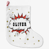 スーパーヒーロー漫画スピーチバブルボーイ名 ラージクリスマスストッキング (正面)