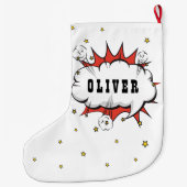 スーパーヒーロー漫画スピーチバブルボーイ名 ラージクリスマスストッキング (裏面)