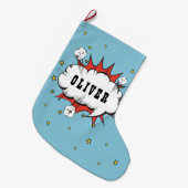 スーパーヒーロー漫画スピーチバブルボーイ名 ラージクリスマスストッキング (正面 (吊り時))