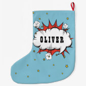 スーパーヒーロー漫画スピーチバブルボーイ名 ラージクリスマスストッキング (裏面)