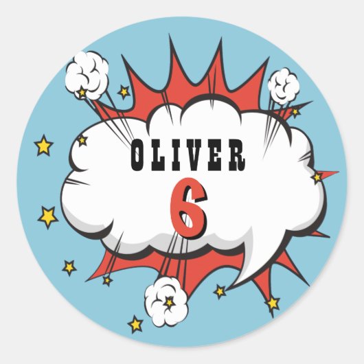 スーパーヒーロー漫画スピーチバブルボーイ誕生日 ラウンドシール (正面)