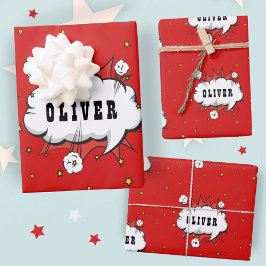 スーパーヒーロー漫画スピーチバブルレッドボーイ名 ラッピングペーパーシート