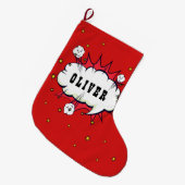 スーパーヒーロー漫画スピーチバブルレッドボーイ名 ラージクリスマスストッキング (正面 (吊り時))