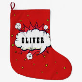 スーパーヒーロー漫画スピーチバブルレッドボーイ名 ラージクリスマスストッキング (正面)