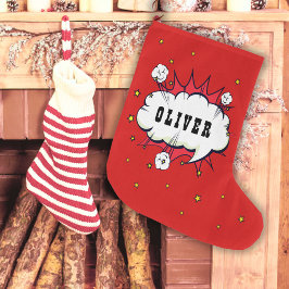 スーパーヒーロー漫画スピーチバブルレッドボーイ名 ラージクリスマスストッキング