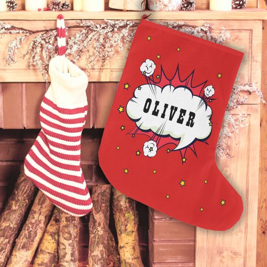 スーパーヒーロー漫画スピーチバブルレッドボーイ名 ラージクリスマスストッキング
