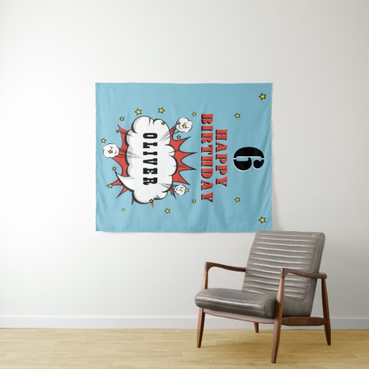 スーパーヒーロー漫画スピーチバブル少年誕生日パーティー タペストリー (インサイチュ(横))