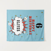 スーパーヒーロー漫画スピーチバブル少年誕生日パーティー タペストリー (正面(横))