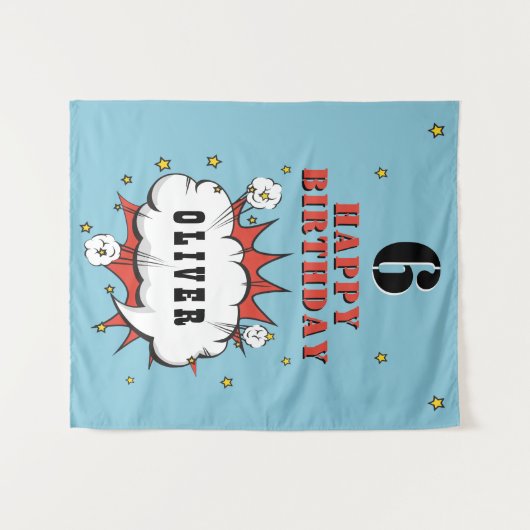 スーパーヒーロー漫画スピーチバブル少年誕生日パーティー タペストリー (正面(横))