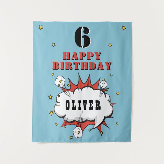スーパーヒーロー漫画スピーチバブル少年誕生日パーティー タペストリー (正面)