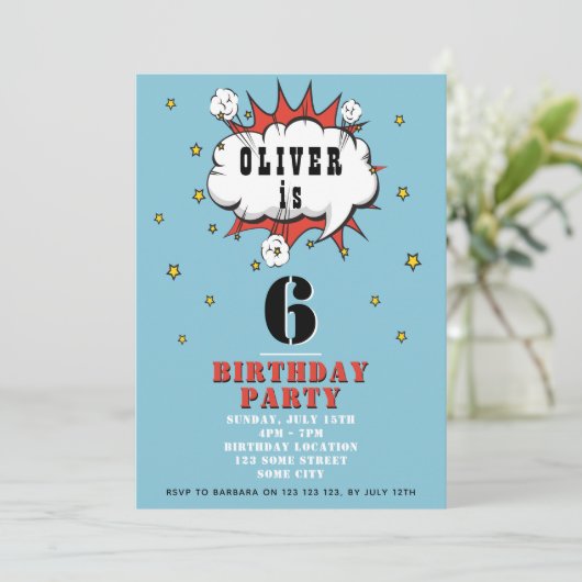 スーパーヒーロー漫画スピーチバブル少年誕生日パーティー 招待状 (スタンド正面)