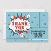 スーパーヒーロー漫画スピーチバブル少年誕生日 サンキューカード (正面)