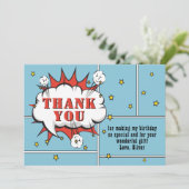 スーパーヒーロー漫画スピーチバブル少年誕生日 サンキューカード (スタンド正面)