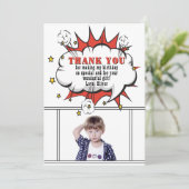 スーパーヒーロー漫画スピーチバブル少年誕生日 サンキューカード (スタンド正面)