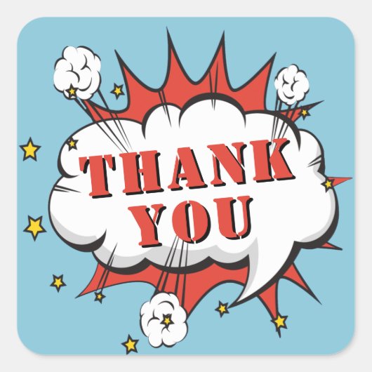 スーパーヒーロー漫画スピーチバブル誕生日ありがとう スクエアシール (正面)