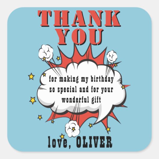 スーパーヒーロー漫画スピーチバブル誕生日ありがとう スクエアシール (正面)