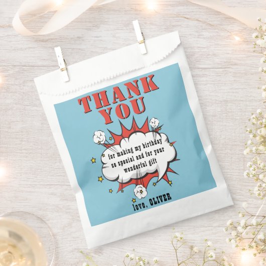 スーパーヒーロー漫画スピーチバブル誕生日ありがとう フェイバーバッグ (クリップ留めされた状態)