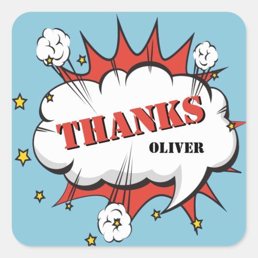 スーパーヒーロー漫画スピーチバブル誕生日感謝してい スクエアシール (正面)