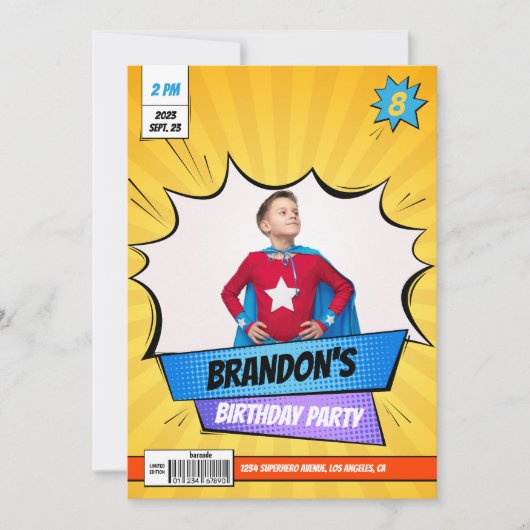 スーパーヒーロー漫画フォトイエローボーイ誕生日 招待状 (正面)