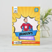 スーパーヒーロー漫画フォトイエローボーイ誕生日 招待状 (スタンド正面)