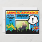 スーパーヒーロー漫画フォトボーイズ1st誕生日パーティー 招待状 (正面)