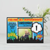 スーパーヒーロー漫画フォトボーイズ1st誕生日パーティー 招待状 (スタンド正面)