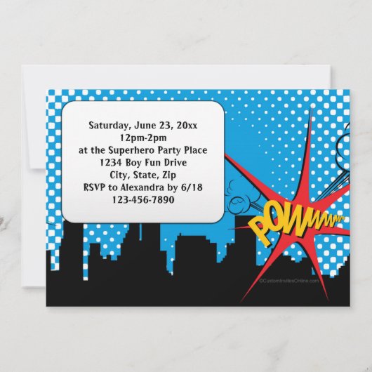 スーパーヒーロー漫画フォトボーイズ1st誕生日パーティー 招待状 (裏面)