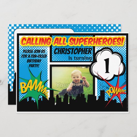 スーパーヒーロー漫画フォトボーイズ1st誕生日パーティー 招待状 (正面/裏面)
