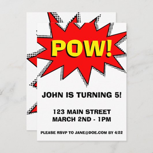 スーパーヒーロー漫画ブックをテーマにした招待状テンプレート インビテーションポストカード (正面/裏面)