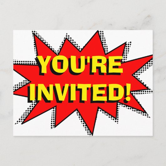 スーパーヒーロー漫画ブックをテーマにした招待状テンプレート インビテーションポストカード (裏面)