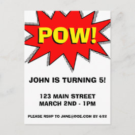 スーパーヒーロー漫画ブックをテーマにした招待状テンプレート インビテーションポストカード