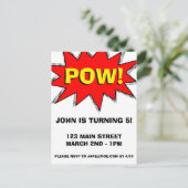 スーパーヒーロー漫画ブックをテーマにした招待状テンプレート インビテーションポストカード (スタンド正面)